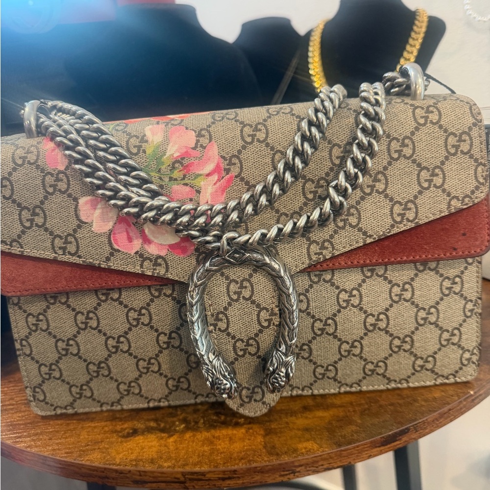 Gucci Brown GG Supreme Shoulder Bag with Pink Floral Applique